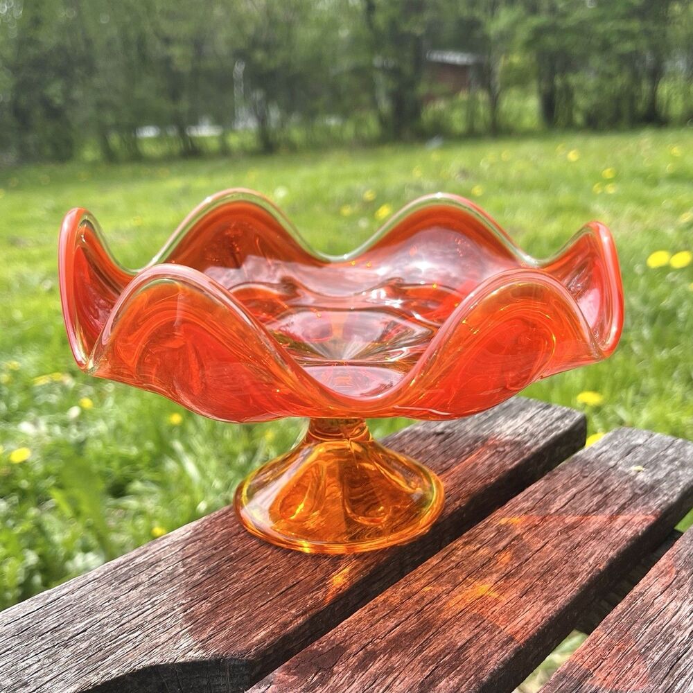Vintage Viking Glass Epic 6 Petal Compote Persimmon Orange 7" Pedestal Footed